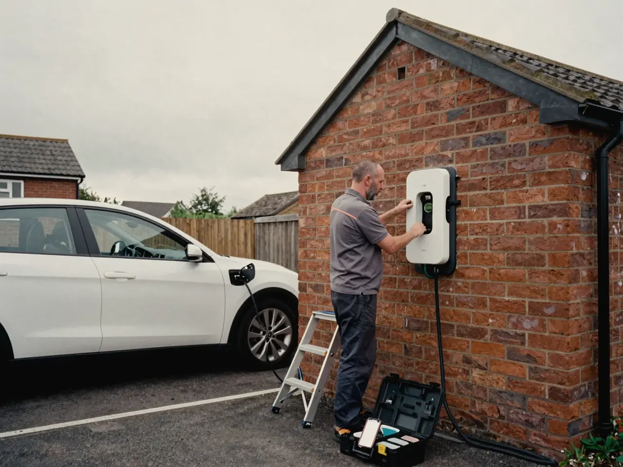 Electrician fitting an EV charge point to a house wall while his phone rings on the tool case