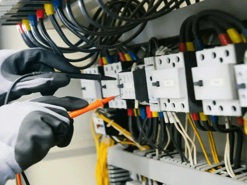 Electrician testing a consumer unit with a multimeter