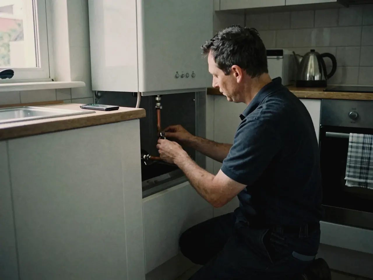 Heating engineer working on a combi boiler while his phone rings on the worktop