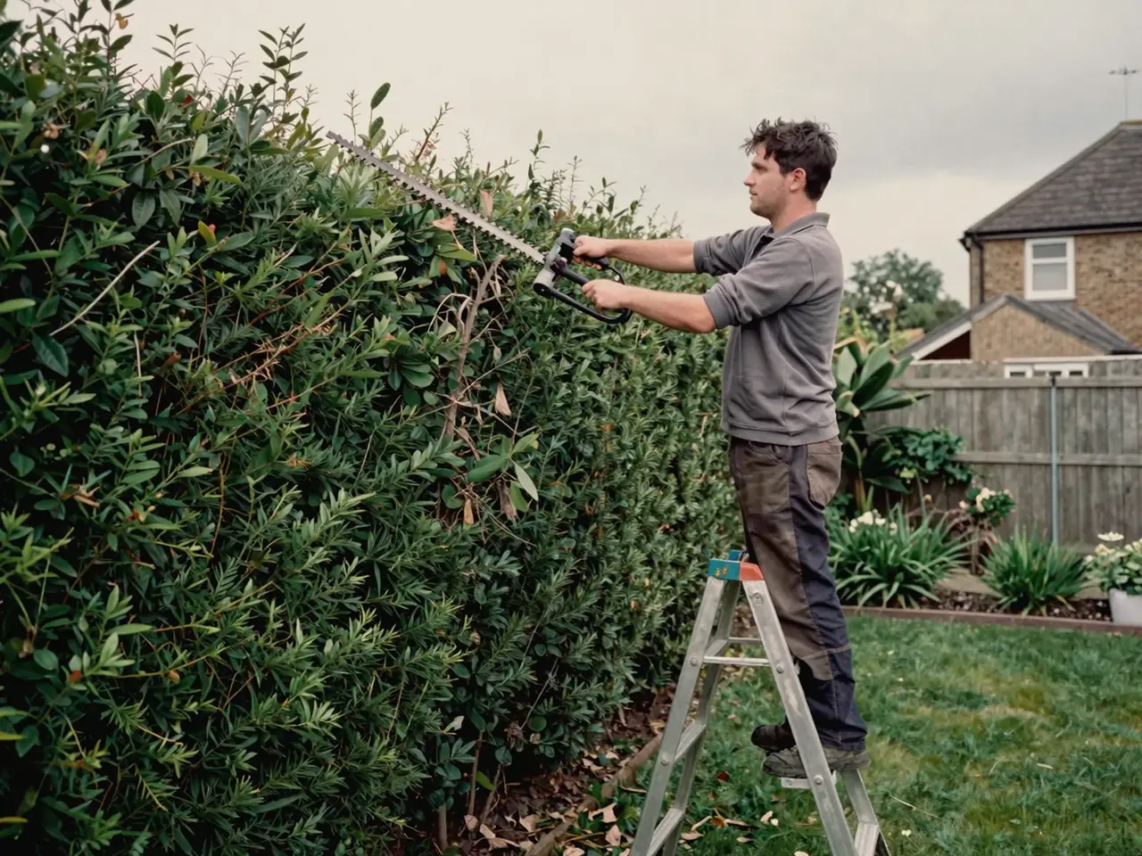 Landscaper on a step ladder cutting back an overgrown garden hedge